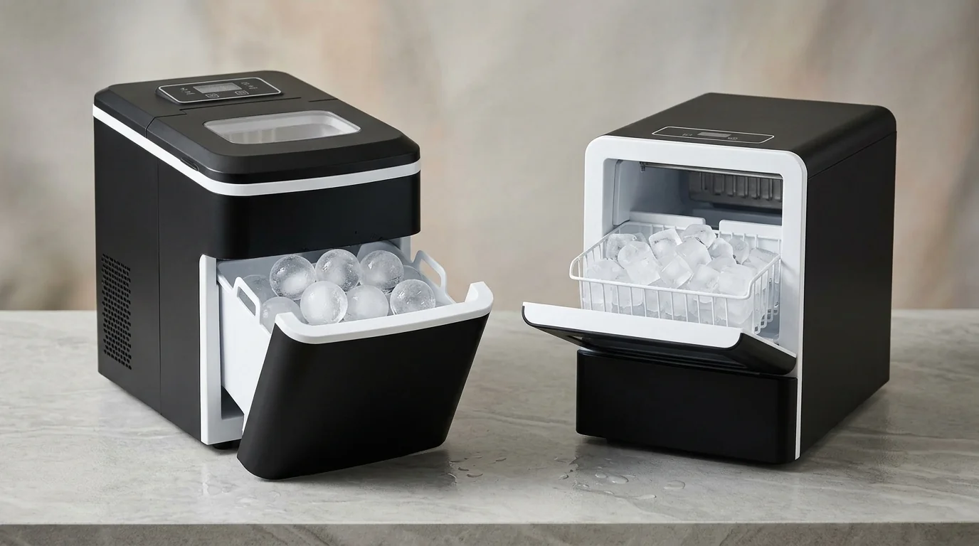 Compact countertop automatic sphere ice maker with 50mm ice balls next to a compact countertop square cube ice maker on a stone counter