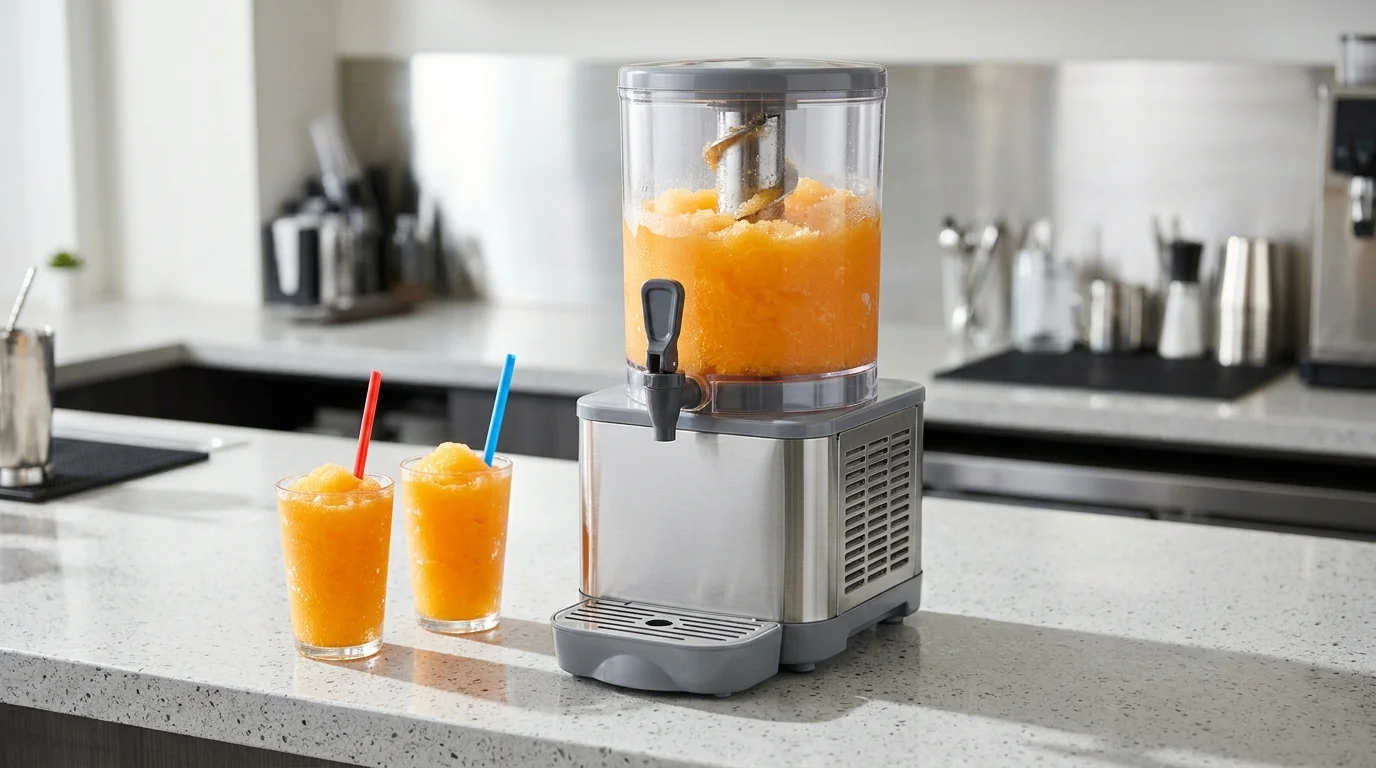 Kompakte 1,8-Liter-Slushmaschine mit transparentem Kühlbehälter und rotierender Rührschnecke für Zitrus-Slush neben zwei gefüllten Gläsern