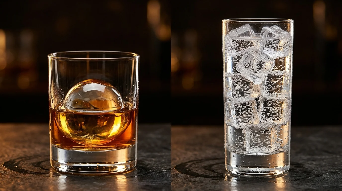 Side-by-side comparison of a 55mm solid sphere ice ball in a lowball whiskey glass and 20x20mm square ice cubes in a tall highball glass