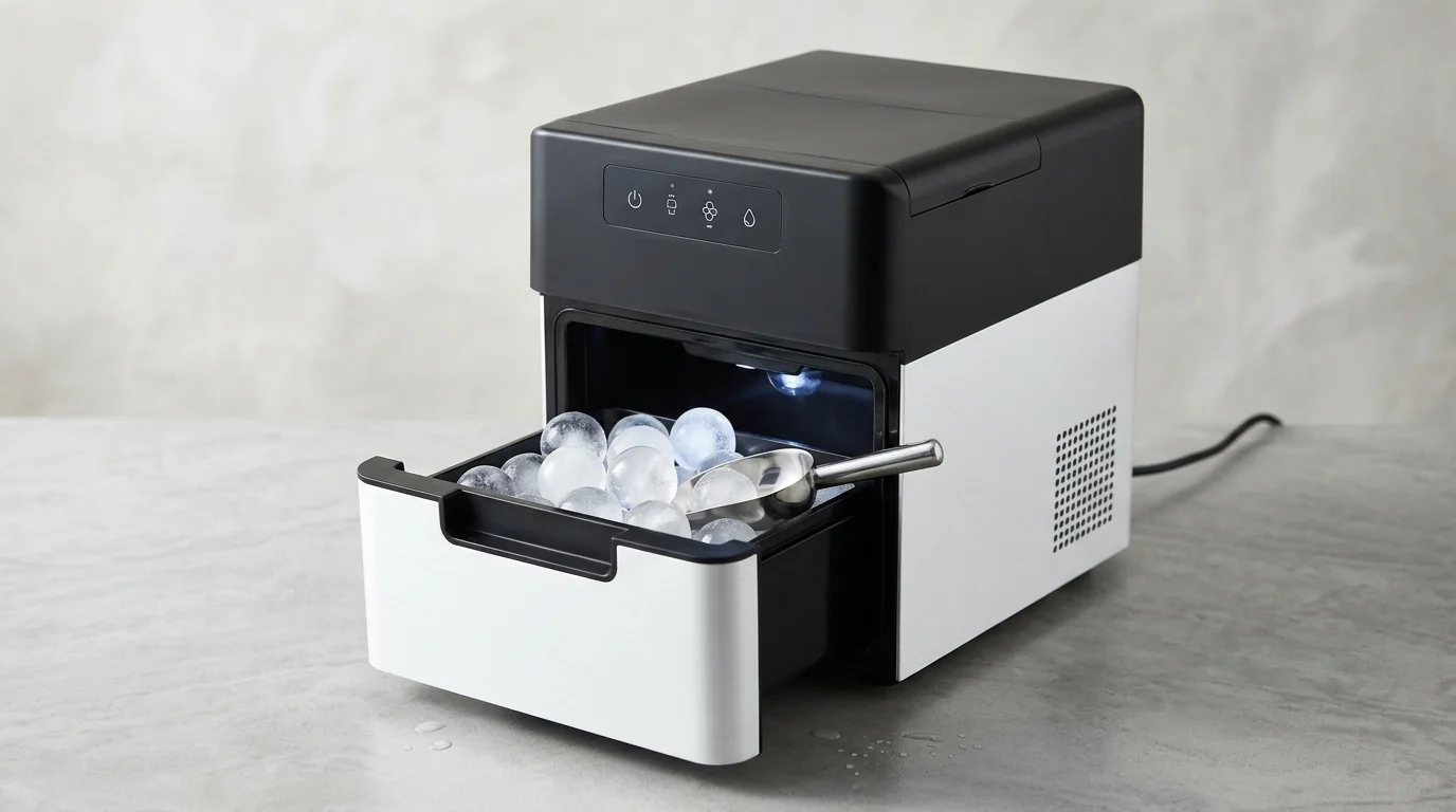 Compact automatic countertop sphere ice maker with open front storage bin holding freshly formed 50mm round ice spheres