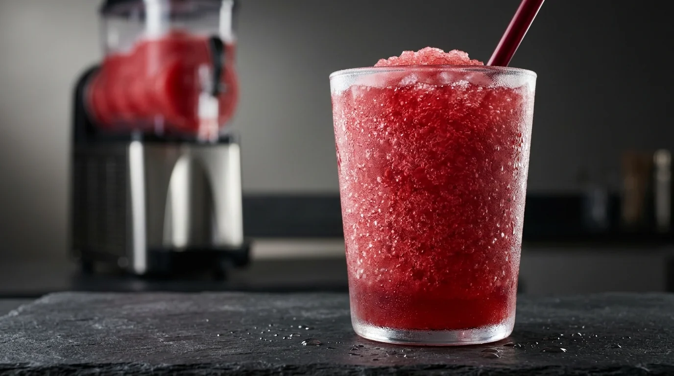 Nahaufnahme feiner gleichmäßiger Slush-Eiskristalle in einem Beerendrink mit kompakter Slushmaschine im Hintergrund