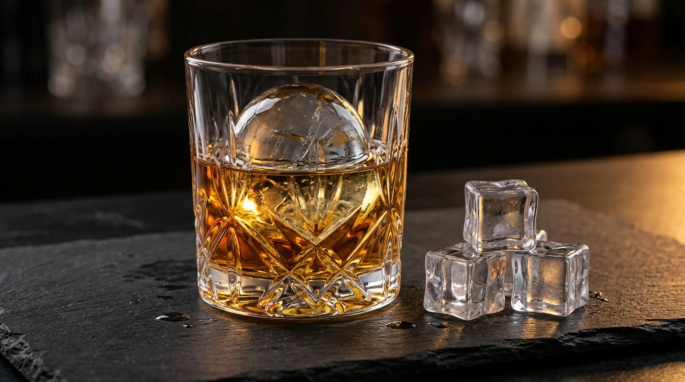 Solid 55mm sphere ice ball in a lowball whiskey glass beside 20mm square ice cubes showing surface area geometry
