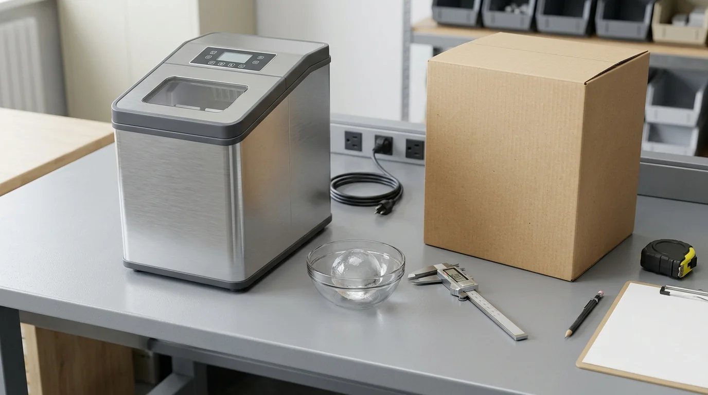 B2B appliance sourcing evaluation bench with a compact countertop sphere ice maker, 55mm ice ball, digital caliper, and blank packaging carton