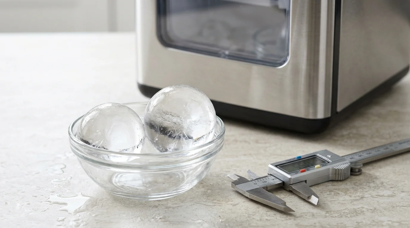 Freshly harvested 50mm and 55mm round ice balls in a clear bowl beside a digital caliper and an automatic countertop ball ice maker