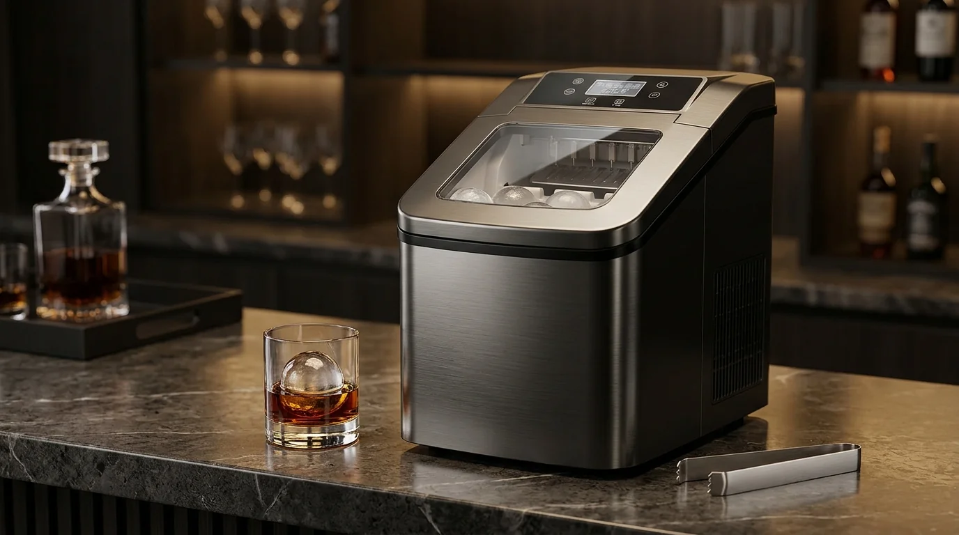 Compact countertop automatic ball and sphere ice maker with angled LED control panel and viewing window beside a whiskey glass with a round ice ball