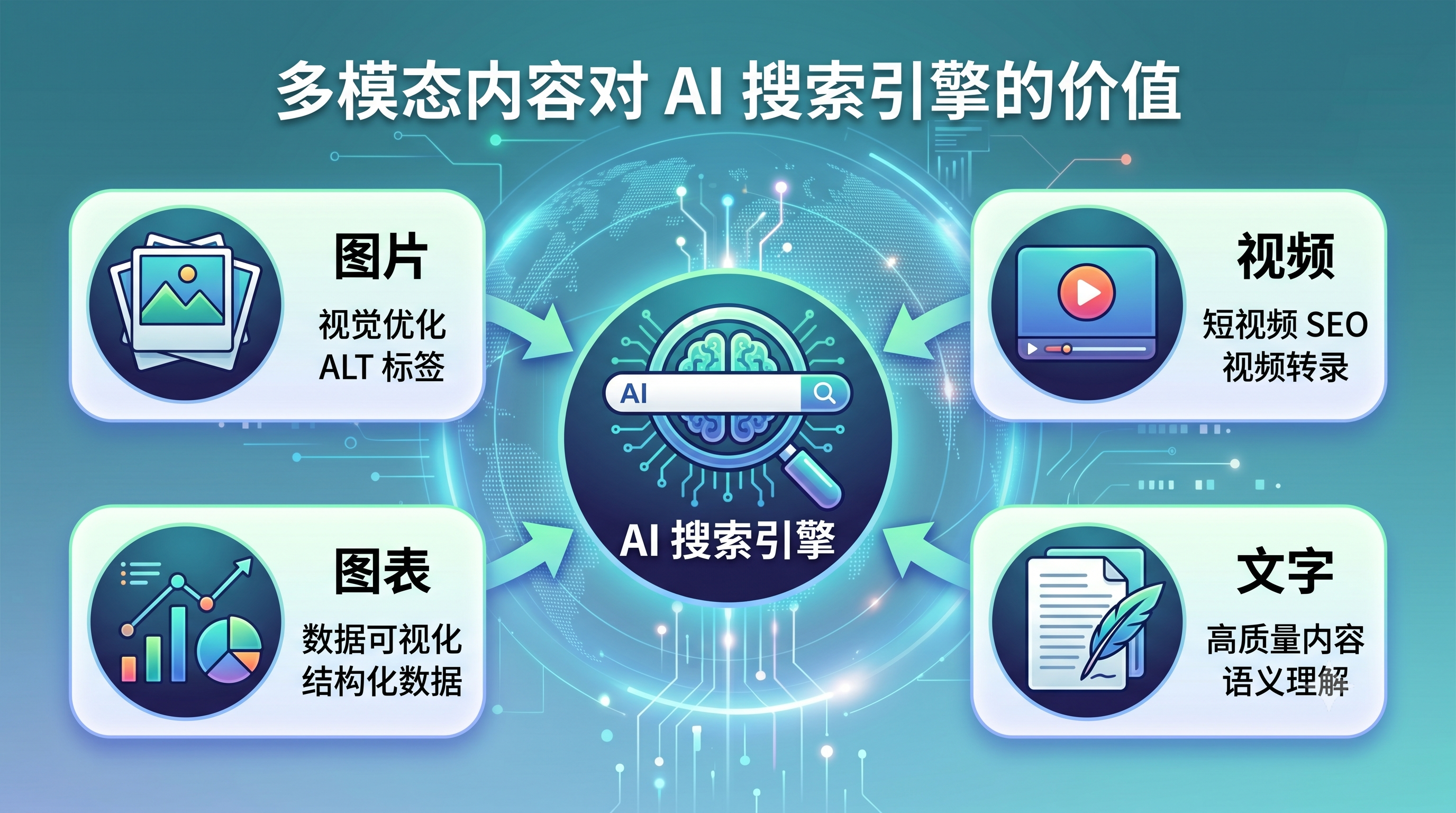 多模态内容(图片+视频+图表+文字)在 AI 搜索中的价值日益提升 多模态内容(图片+视频+图表+文字)在 AI 搜索中的价值日益提升