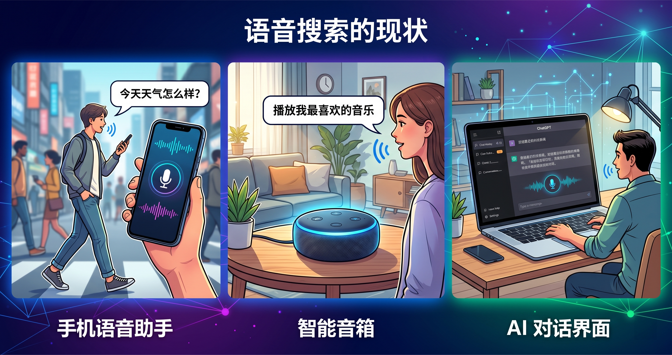 语音搜索覆盖手机语音助手、智能音箱和 AI 对话界面三大场景 语音搜索覆盖手机语音助手、智能音箱和 AI 对话界面三大场景